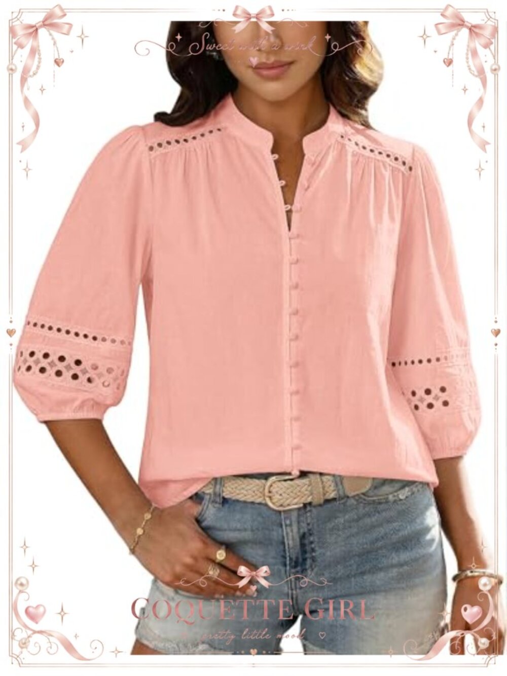 Women's Cotton Eyelet Button Down Blouse with 3/4 Puff Sleeves and Mandarin